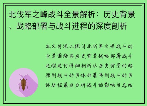 北伐军之峰战斗全景解析：历史背景、战略部署与战斗进程的深度剖析
